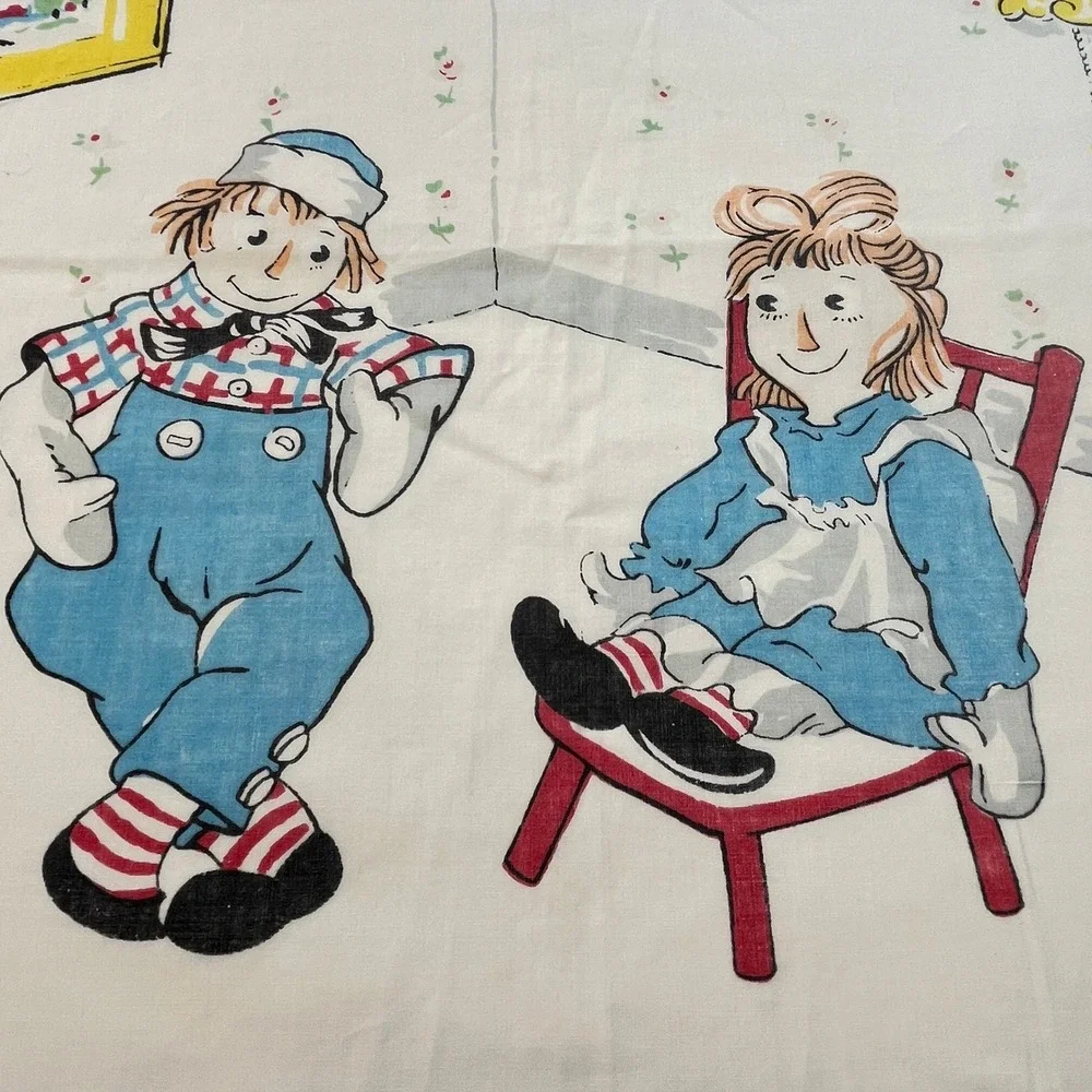 Vintage 1968 Raggedy Ann Andy Twin Flat Sheet White Cotton Blend Cottagecore